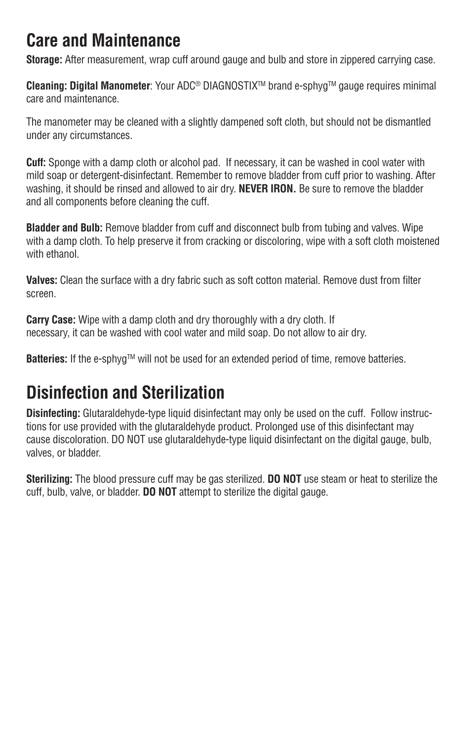 Care and maintenance, Disinfection and sterilization | American Diagnostic Corporation (ADC) e-sphyg 7002 User Manual | Page 12 / 15
