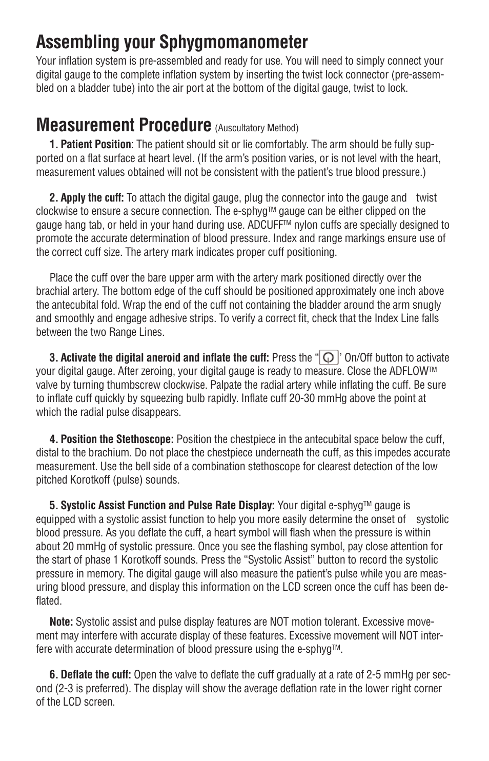 Assembling your sphygmomanometer, Measurement procedure | American Diagnostic Corporation (ADC) e-sphyg 7002 User Manual | Page 8 / 15