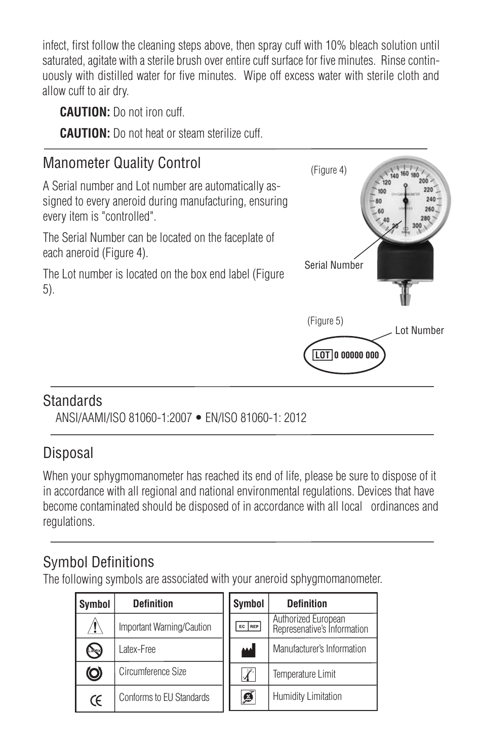 Manometer quality control, Standards, Disposal | Symbol definitions | American Diagnostic Corporation (ADC) Prosphyg 790 User Manual | Page 6 / 7