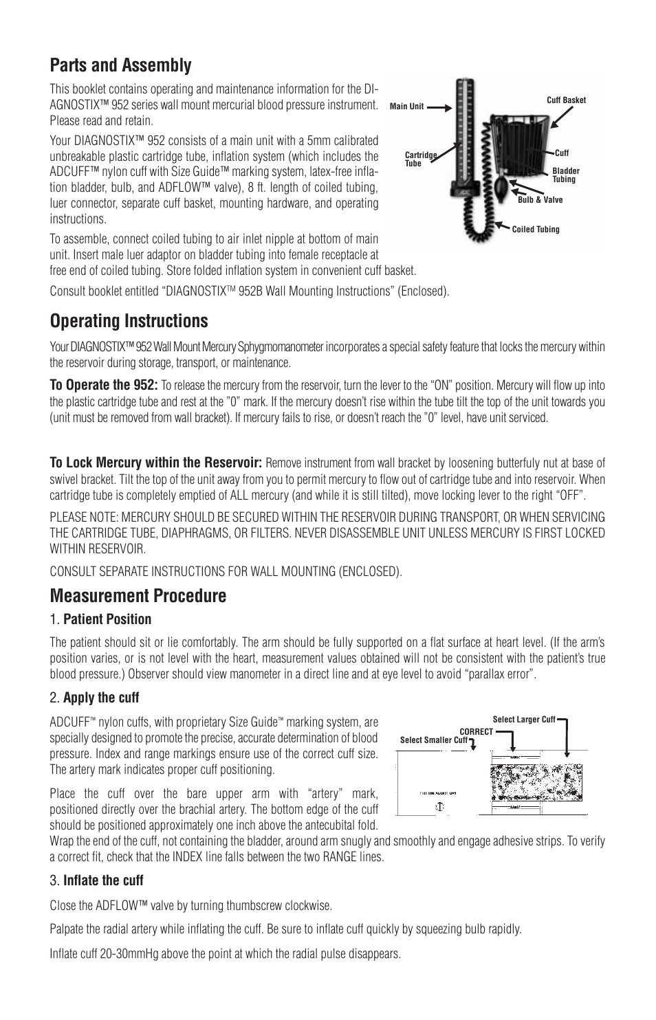 Parts and assembly, Operating instructions, Measurement procedure | American Diagnostic Corporation (ADC) Diagnostix 952B User Manual | Page 3 / 5