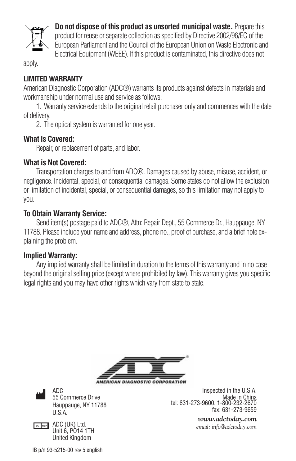 American Diagnostic Corporation (ADC) Proscope 2.5v User Manual | Page 10 / 10