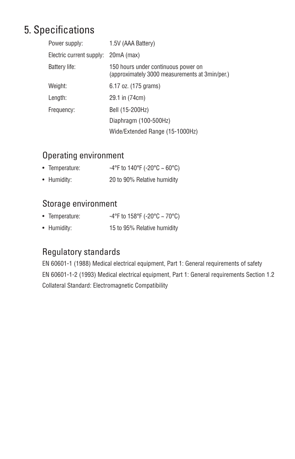 Specifications, Operating environment, Storage environment | Regulatory standards | American Diagnostic Corporation (ADC) 657 Electronic Stethoscope User Manual | Page 10 / 11