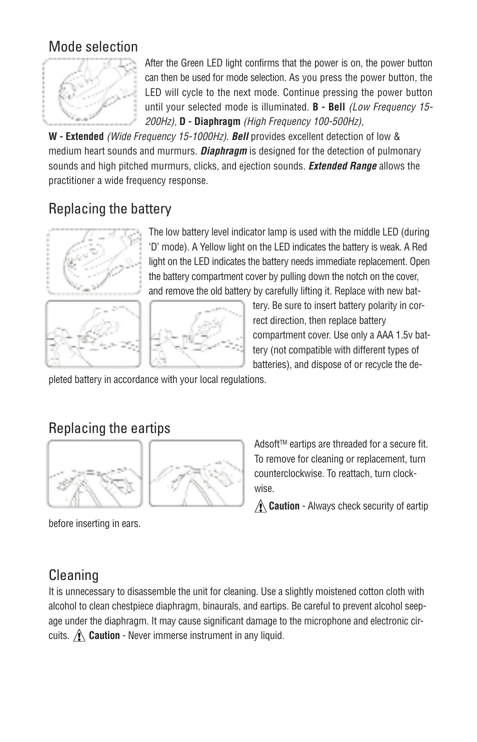 Mode selection, Replacing the battery, Replacing the eartips | Cleaning | American Diagnostic Corporation (ADC) 657 Electronic Stethoscope User Manual | Page 9 / 11