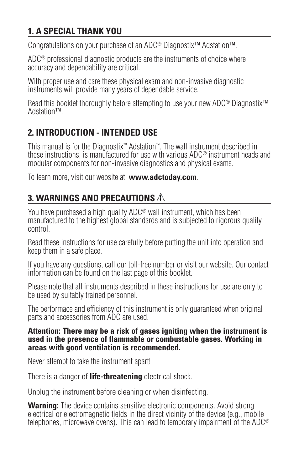 Introduction - intended use, Warnings and precautions | American Diagnostic Corporation (ADC) Adstation 5610 User Manual | Page 2 / 7