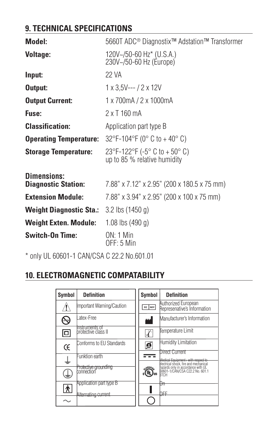 Technical specifications, Electromagnetic compatability, Model: 5660t adc | American Diagnostic Corporation (ADC) Adstation 5610 User Manual | Page 6 / 7