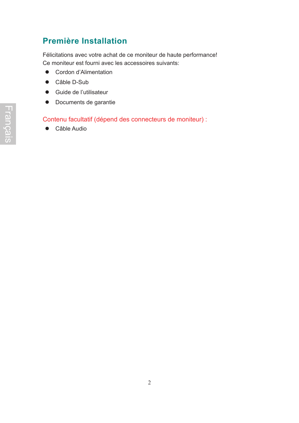 Français, Première installation | AOC 2019Vwa1 User Manual | Page 16 / 47