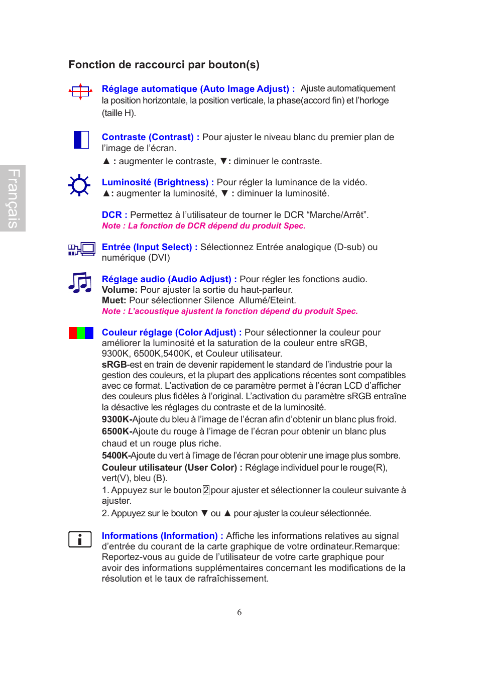 Français, Fonction de raccourci par bouton(s) | AOC 2019Vwa1 User Manual | Page 20 / 47