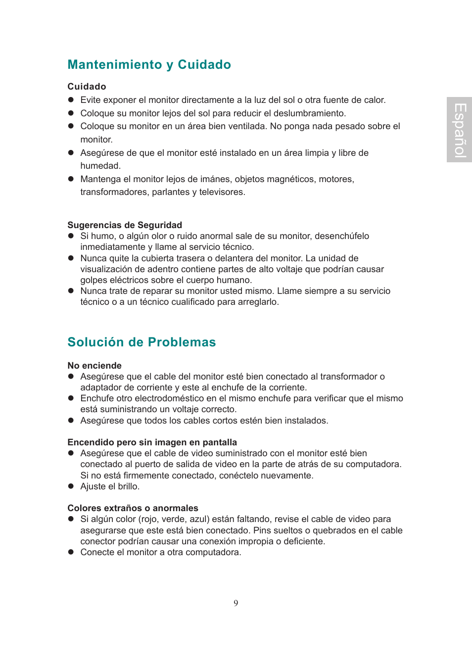 Español, Mantenimiento y cuidado, Solución de problemas | AOC 2019Vwa1 User Manual | Page 35 / 47
