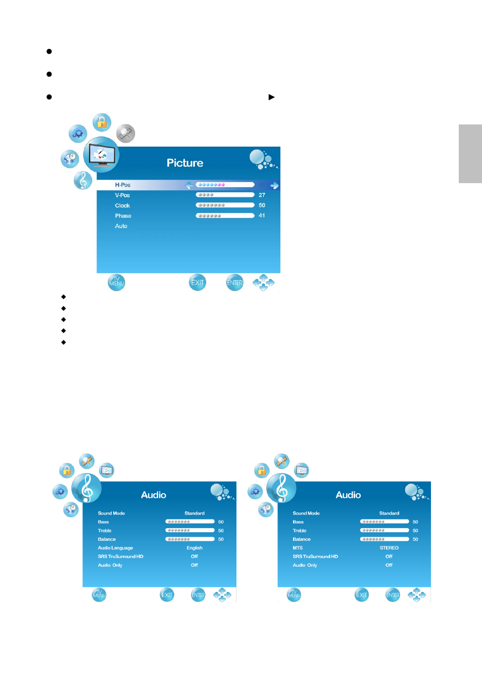 English, Audio menu | AOC LC27H060 User Manual | Page 28 / 44