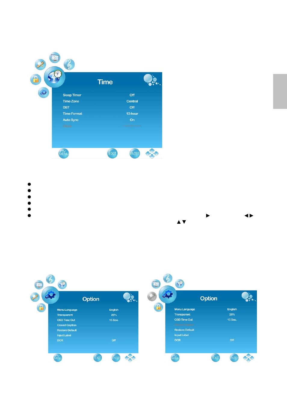 English, Time menu, Option menu | AOC LC27H060 User Manual | Page 30 / 44