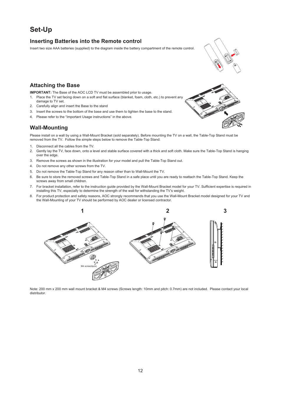 Set-up, Inserting batteries into the remote control, Attaching the base | Wall-mounting | AOC LC32W063 User Manual | Page 13 / 37