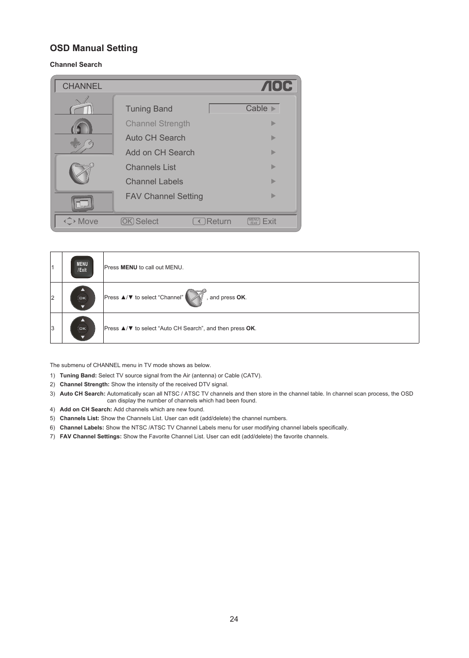 Osd manual setting | AOC LC32W063 User Manual | Page 25 / 37