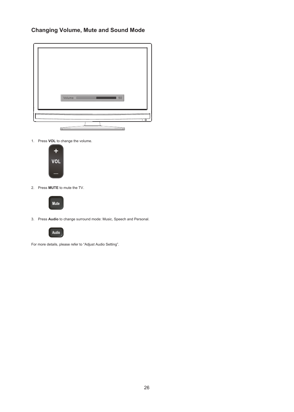 Changing volume, mute and sound mode | AOC LC32W063 User Manual | Page 27 / 37