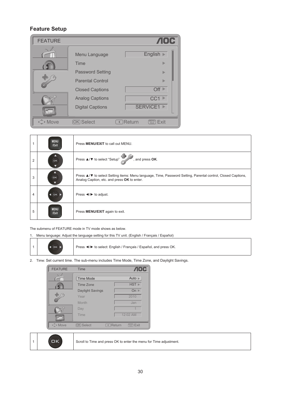 Feature setup | AOC LC32W063 User Manual | Page 31 / 37