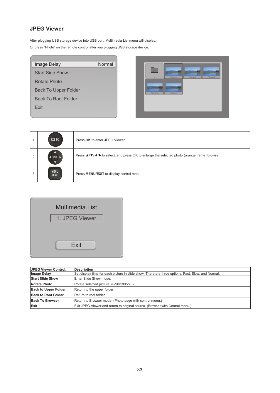 Multimedia list, Exit, Jpeg viewer | AOC LC32W063 User Manual | Page 34 / 37