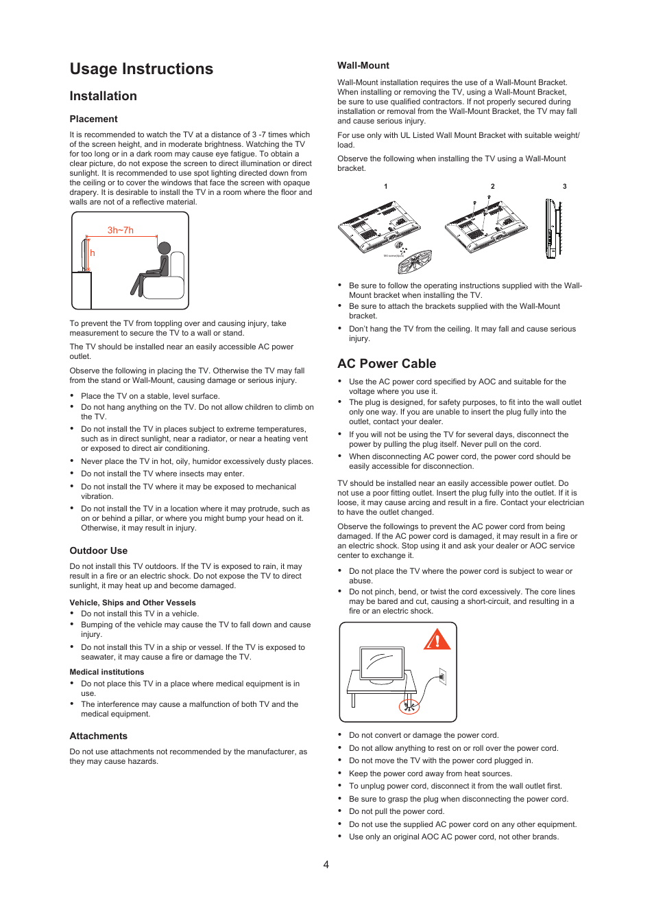 Usage instructions, Installation, Ac power cable | AOC LC32W063 User Manual | Page 5 / 37