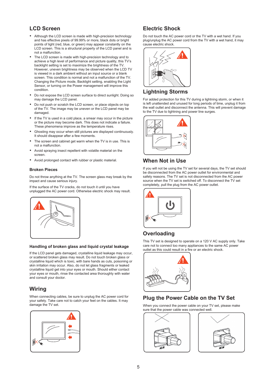 Lcd screen, Wiring, Electric shock | Lightning storms, When not in use, Overloading, Plug the power cable on the tv set | AOC LC32W063 User Manual | Page 6 / 37