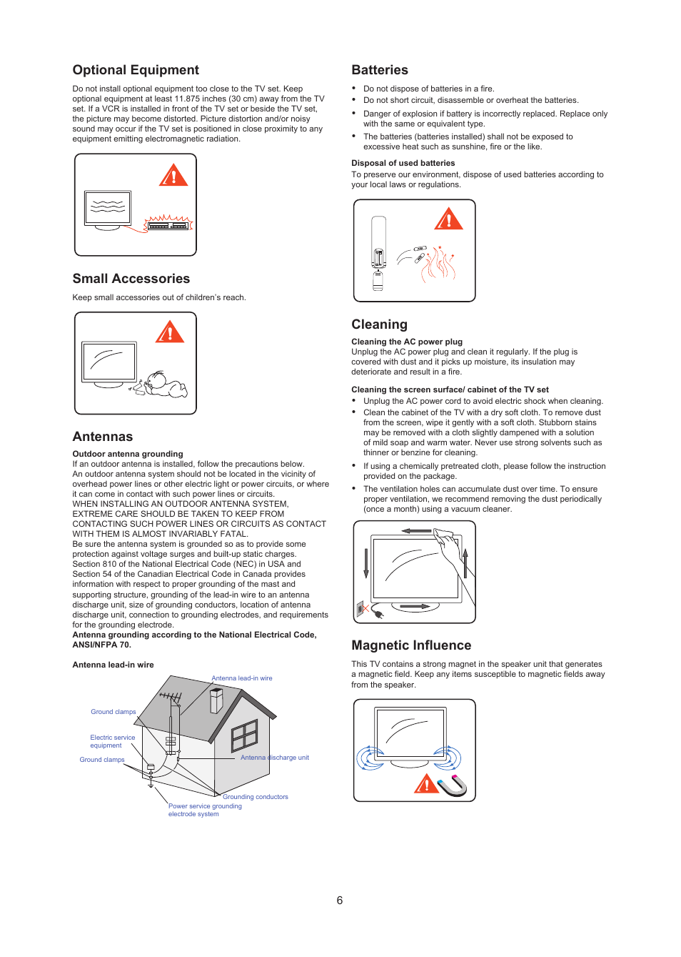 Optional equipment, Small accessories, Antennas | Batteries, Cleaning, Magnetic influence | AOC LC32W063 User Manual | Page 7 / 37