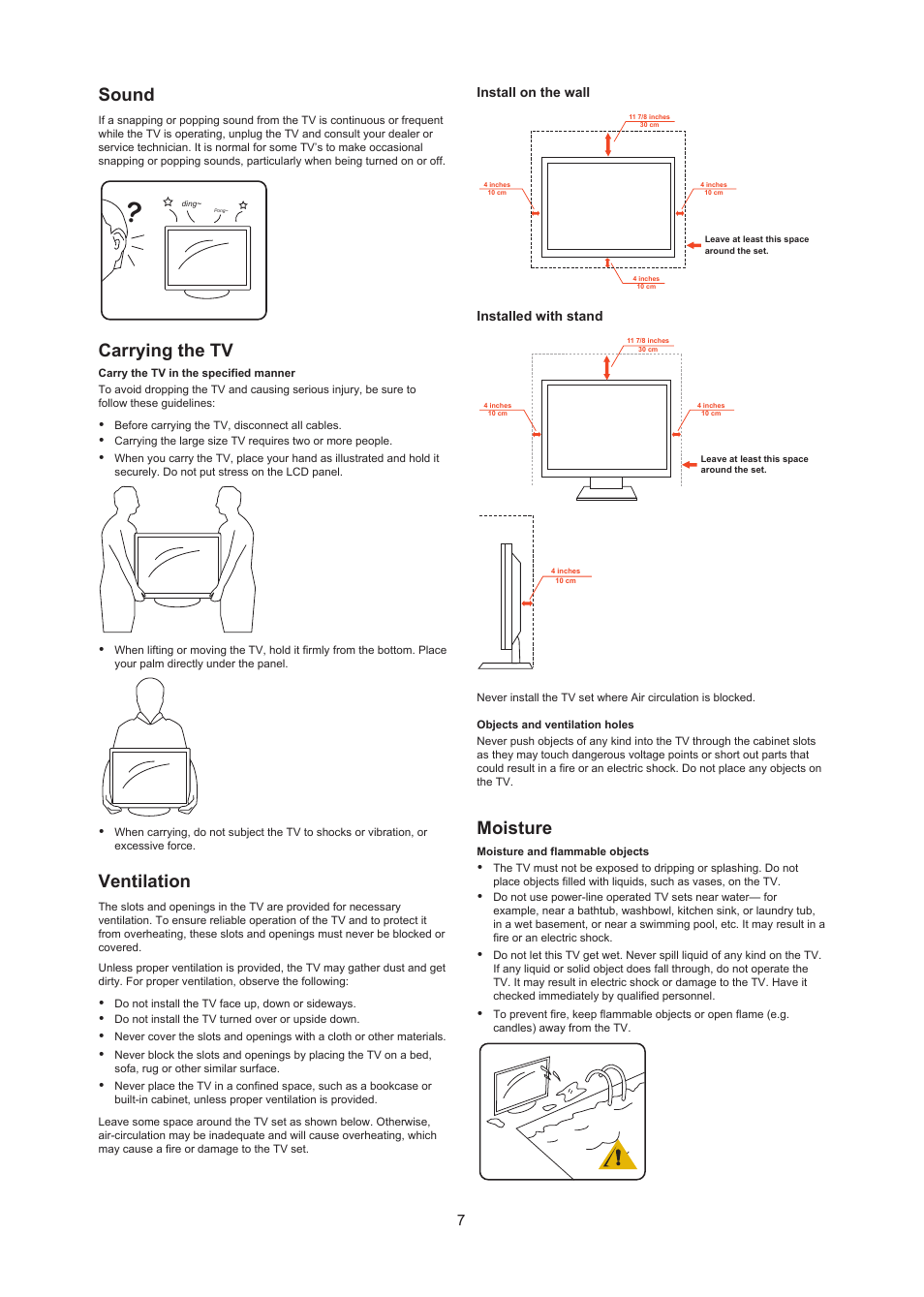 Sound, Carrying the tv, Ventilation | Moisture | AOC LC32W063 User Manual | Page 8 / 37