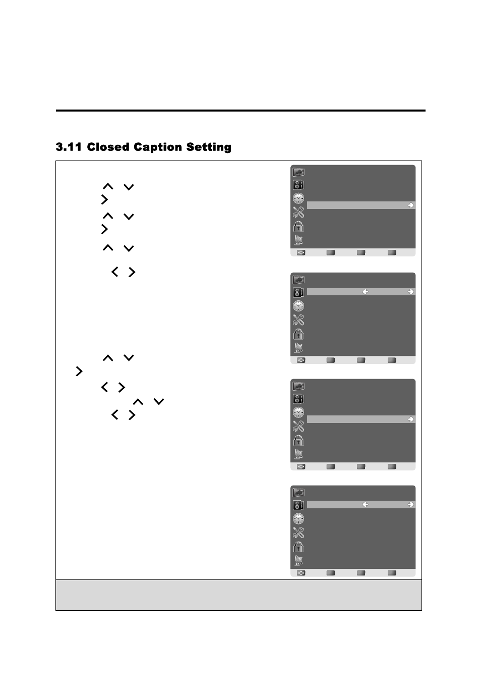 English, 11 closed caption setting, Press menu to display the osd main menu | AOC LE23H062 User Manual | Page 30 / 123