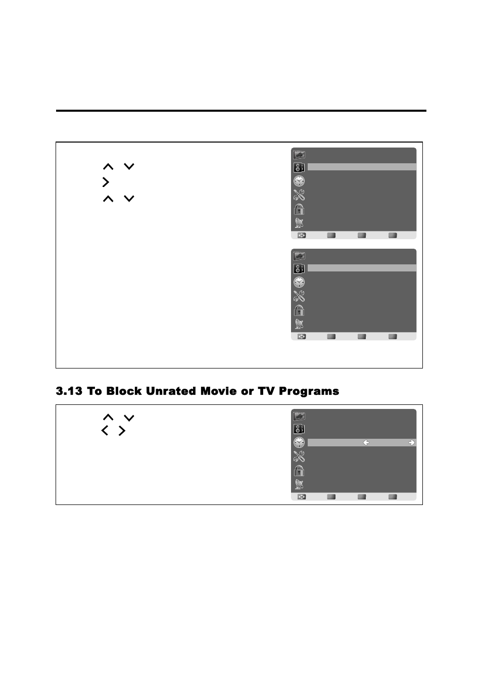 Engli sh, 13 to block unrated movie or tv programs, English | Canadian french, Press / to select canada fre, Press to enter, Press ok to switch between lock and unlock, Press menu to exit | AOC LE23H062 User Manual | Page 33 / 123