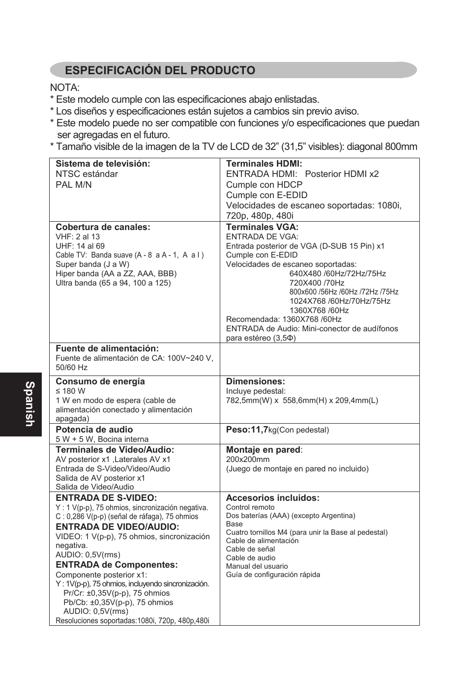 Spanish, Especificación del producto 31 | AOC L32W831 User Manual | Page 103 / 139