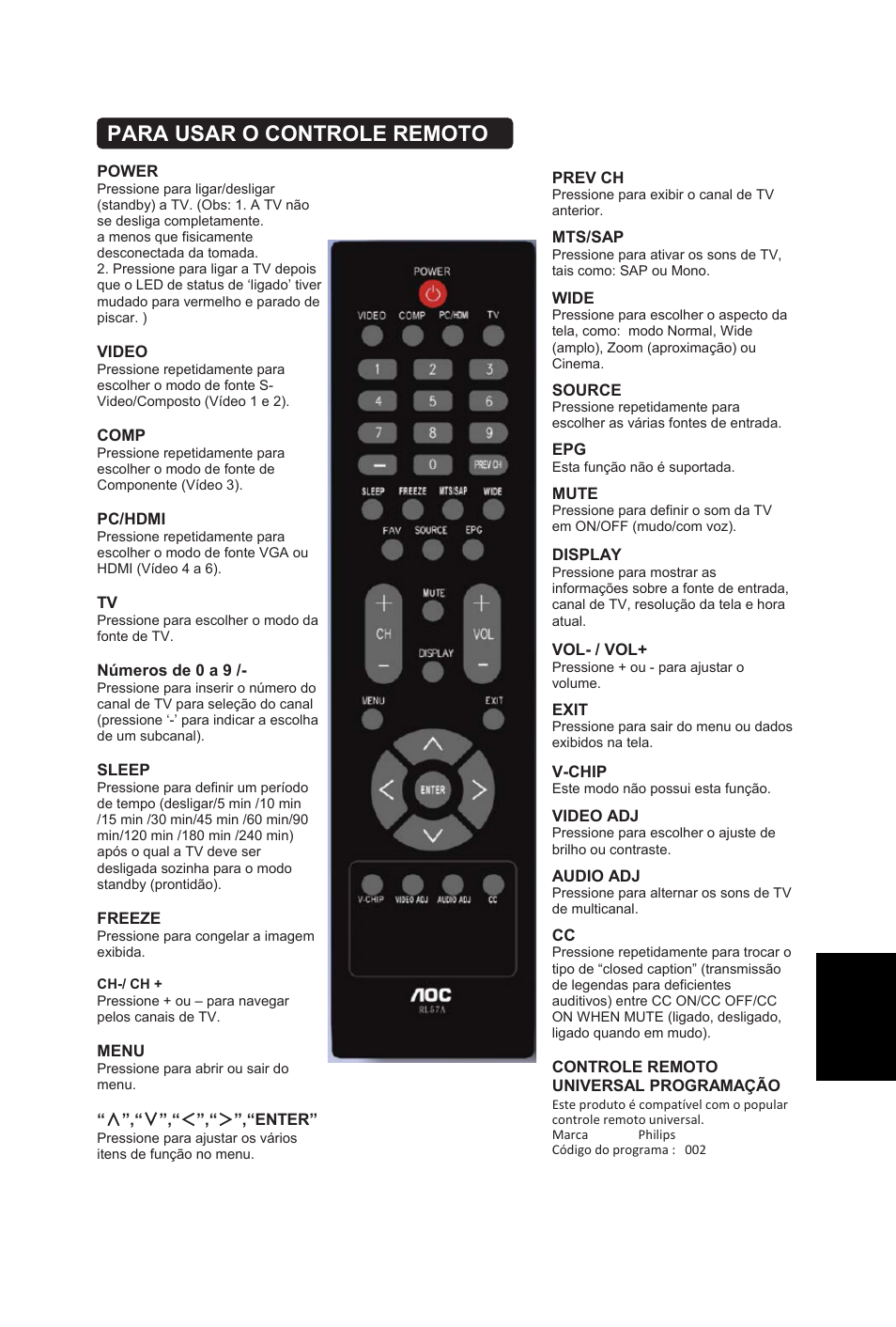 Para usar o controle remoto, 14 portugu ê s | AOC L32W831 User Manual | Page 120 / 139