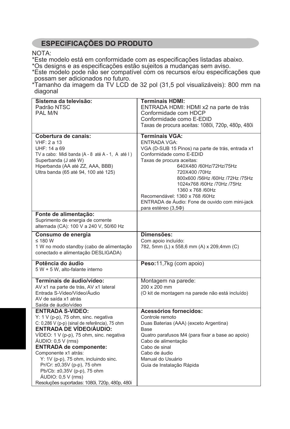 Especificações do produto 31 portugu ê s | AOC L32W831 User Manual | Page 137 / 139