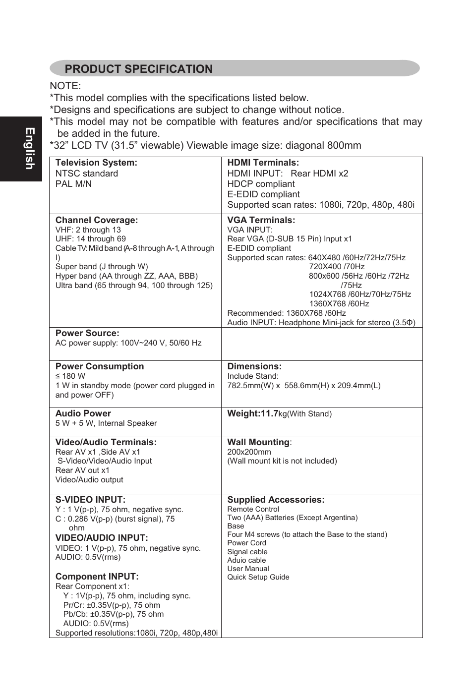 English, Product specification | AOC L32W831 User Manual | Page 33 / 139