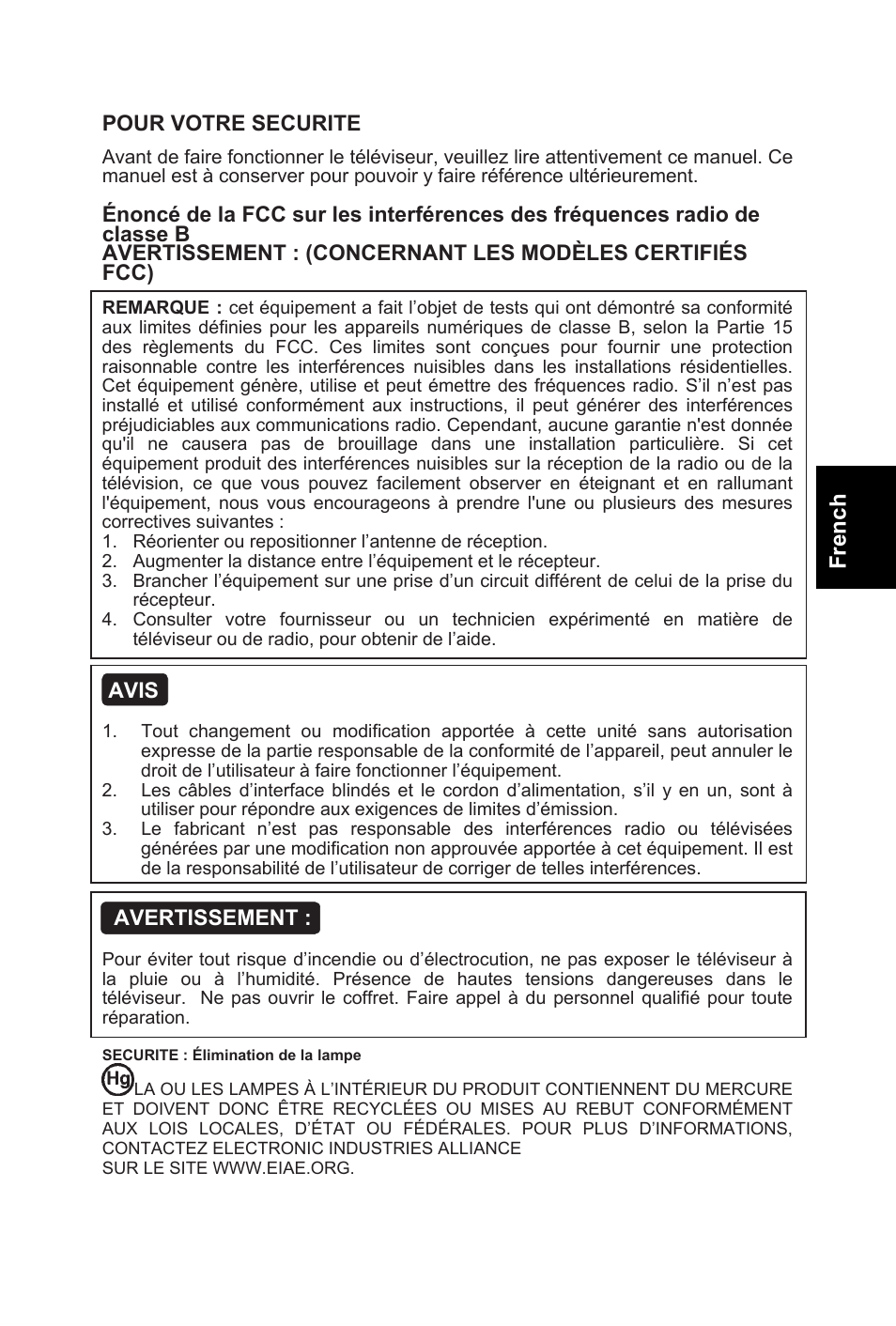 French, Pour votre securite, Avis | Avertissement | AOC L32W831 User Manual | Page 38 / 139