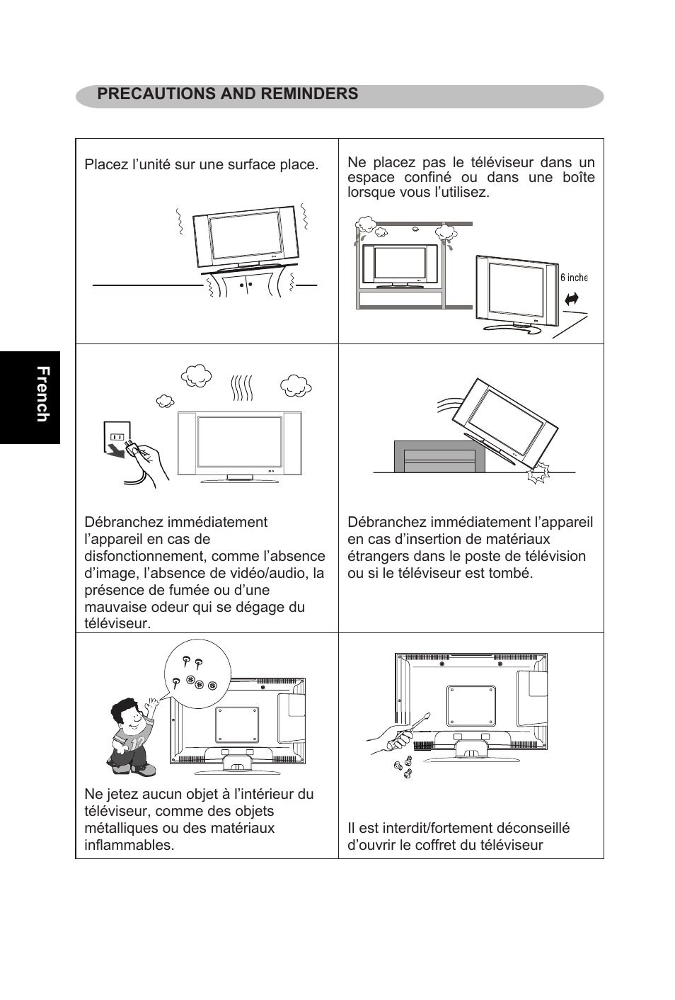 French, Precautions and reminders | AOC L32W831 User Manual | Page 39 / 139