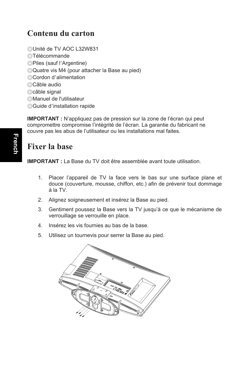 Contenu du carton, Fixer la base | AOC L32W831 User Manual | Page 43 / 139