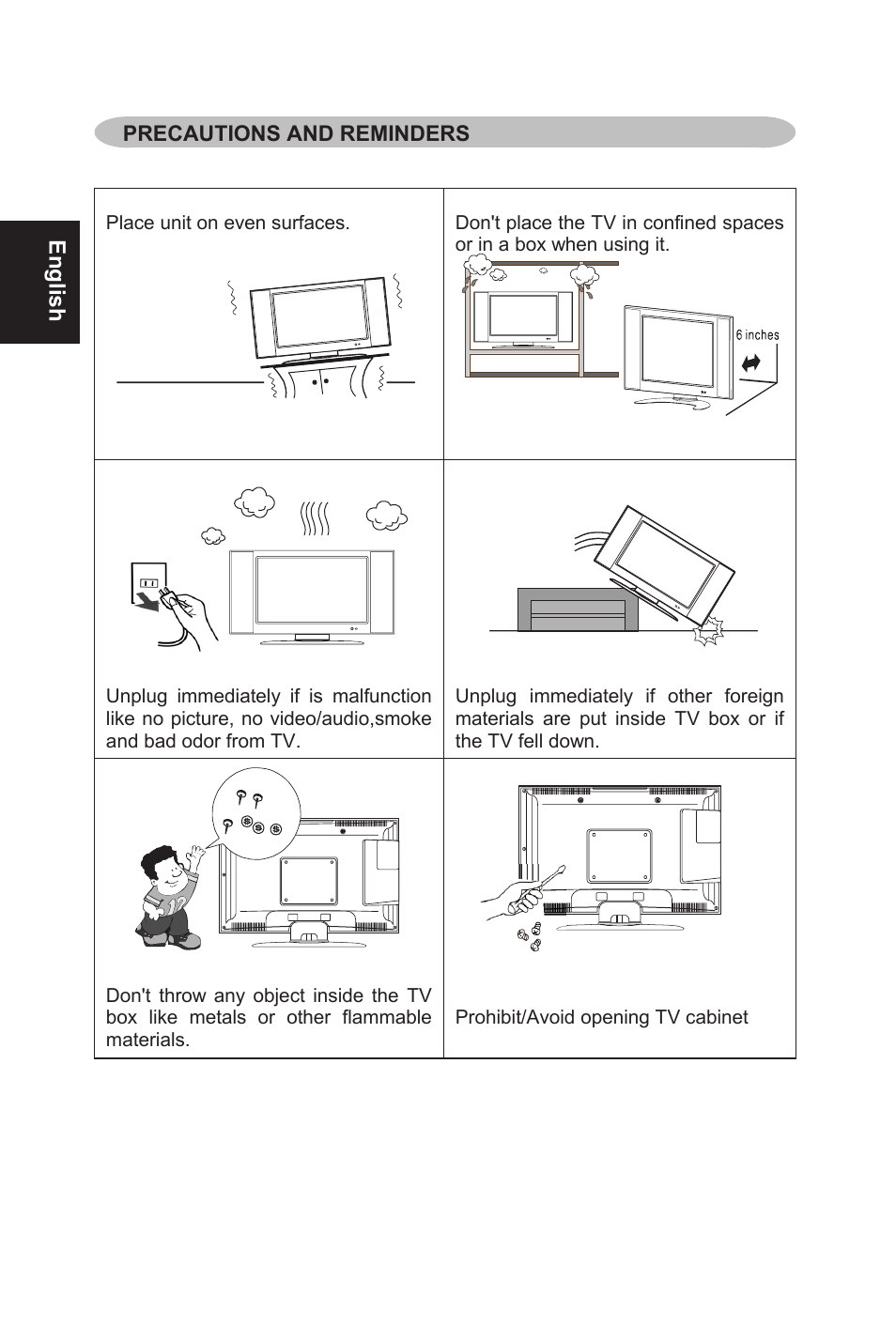 English, Precautions and reminders | AOC L32W831 User Manual | Page 5 / 139