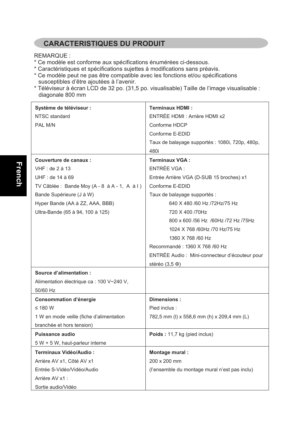 French, Caracteristiques du produit 31 | AOC L32W831 User Manual | Page 67 / 139