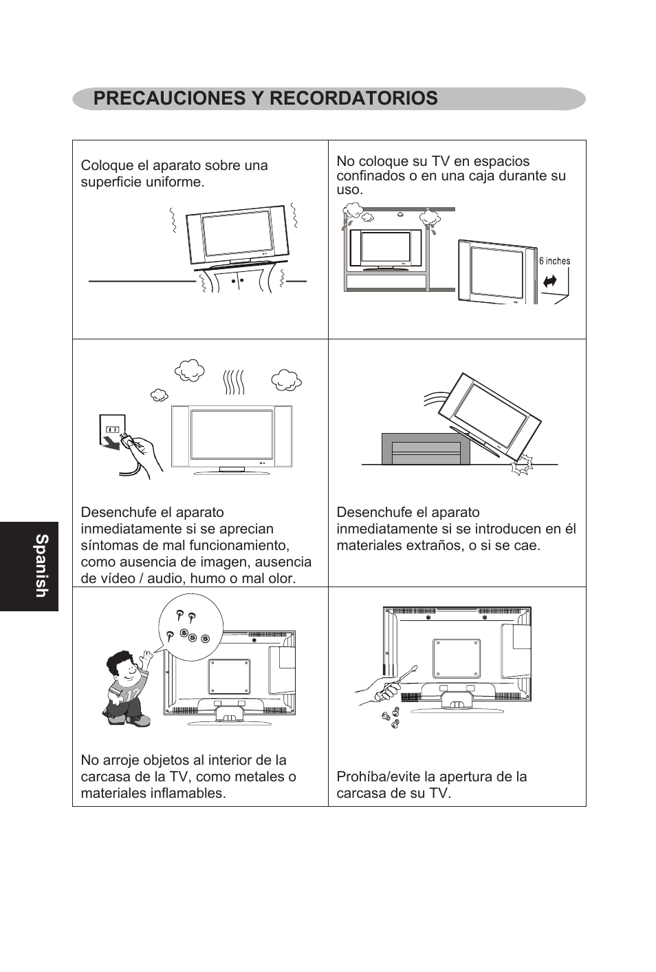 Precauciones y recordatorios, Spanish | AOC L32W831 User Manual | Page 75 / 139