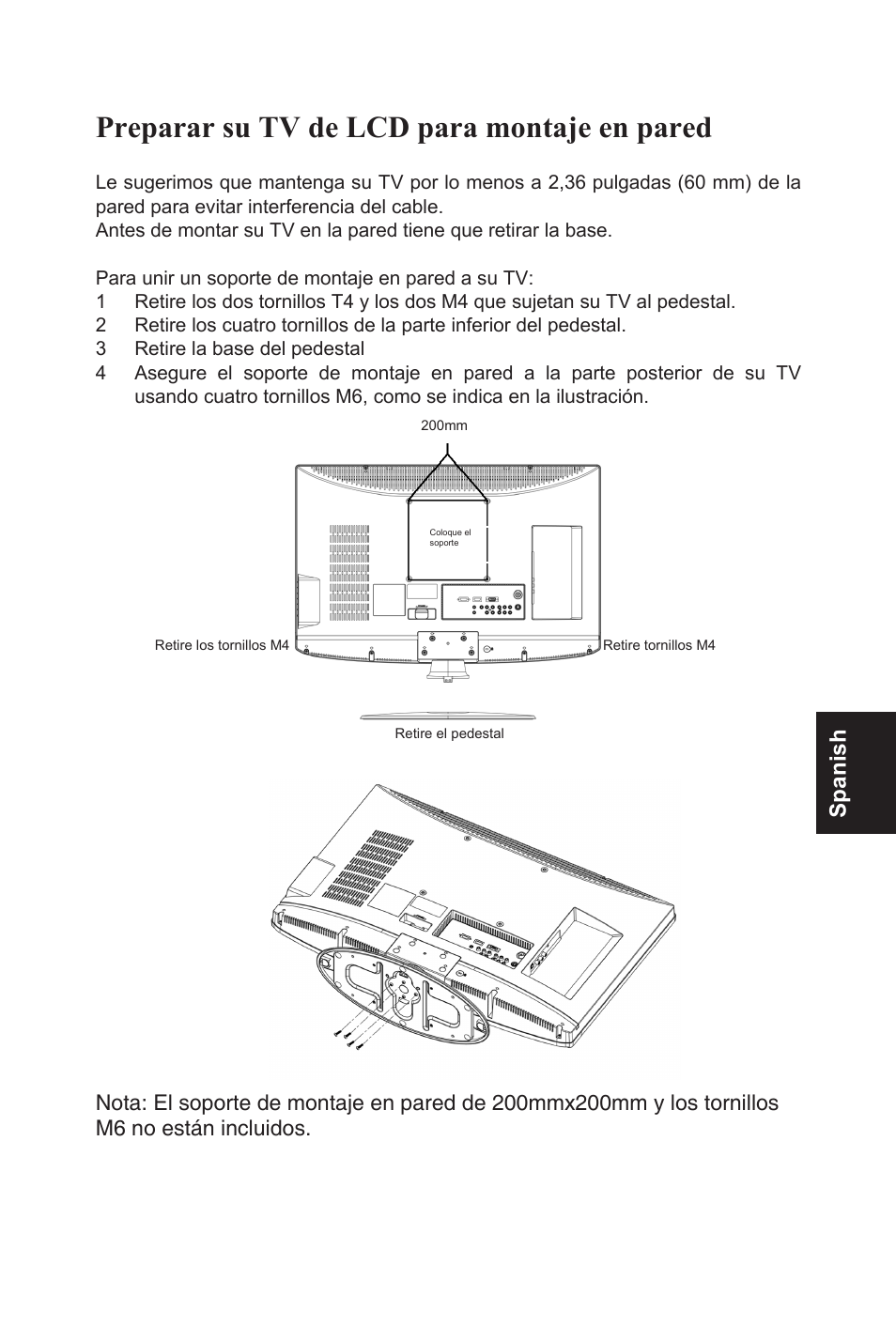 Preparar su tv de lcd para montaje en pared, Spanish | AOC L32W831 User Manual | Page 80 / 139