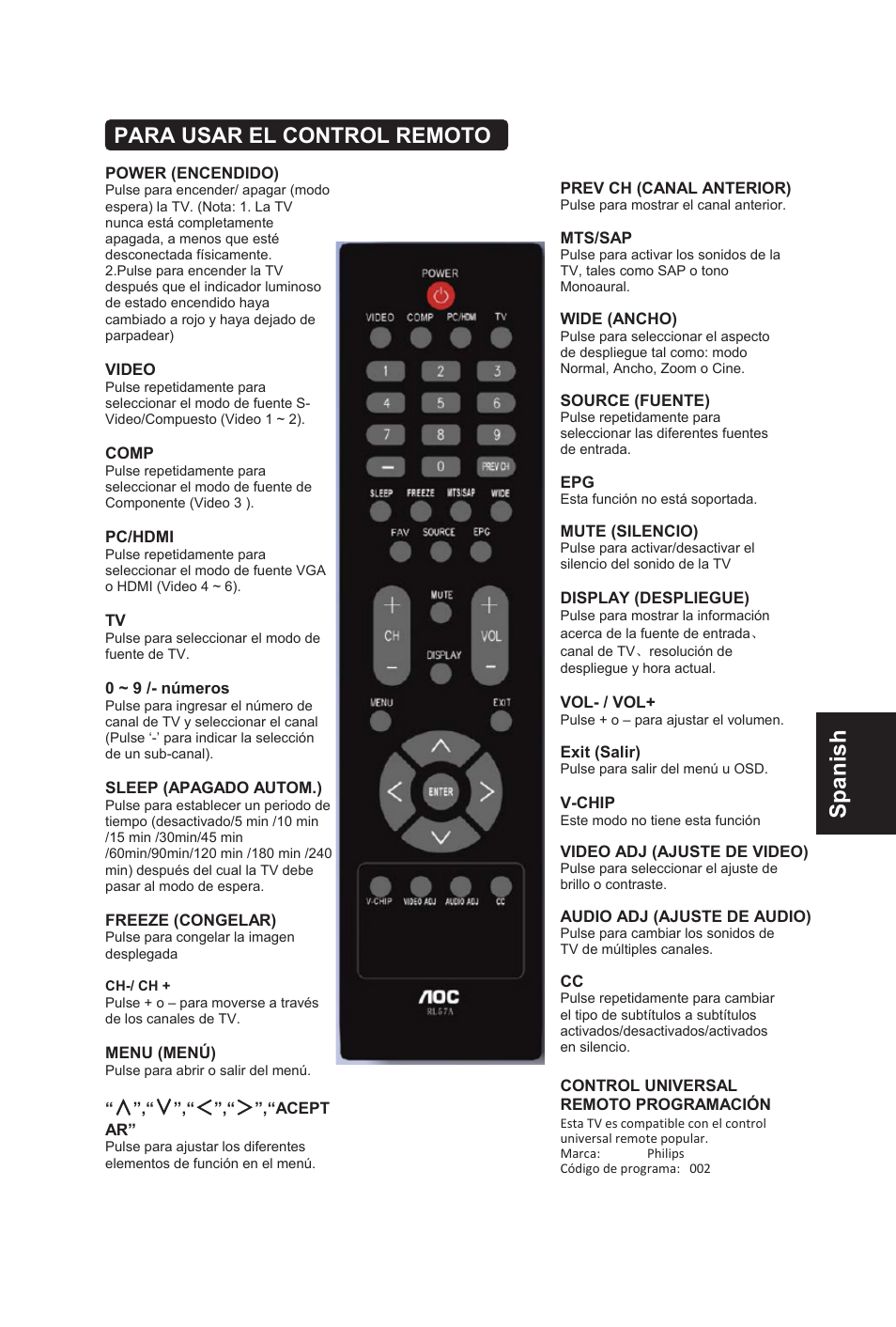 Spanish, Para usar el control remoto | AOC L32W831 User Manual | Page 86 / 139