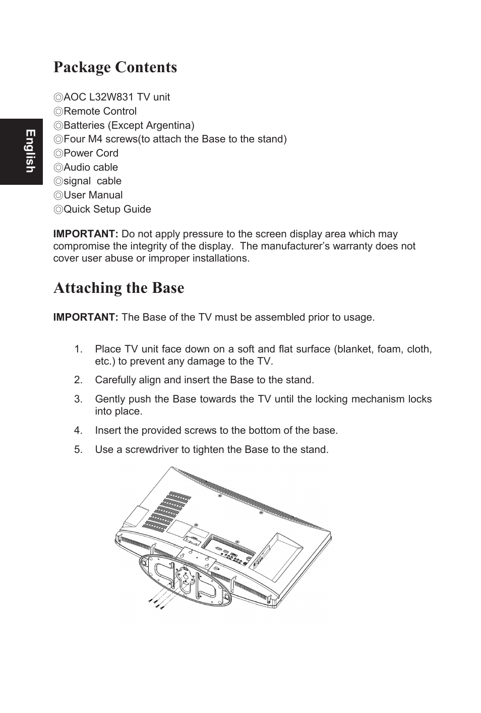 Package contents, Attaching the base | AOC L32W831 User Manual | Page 9 / 139