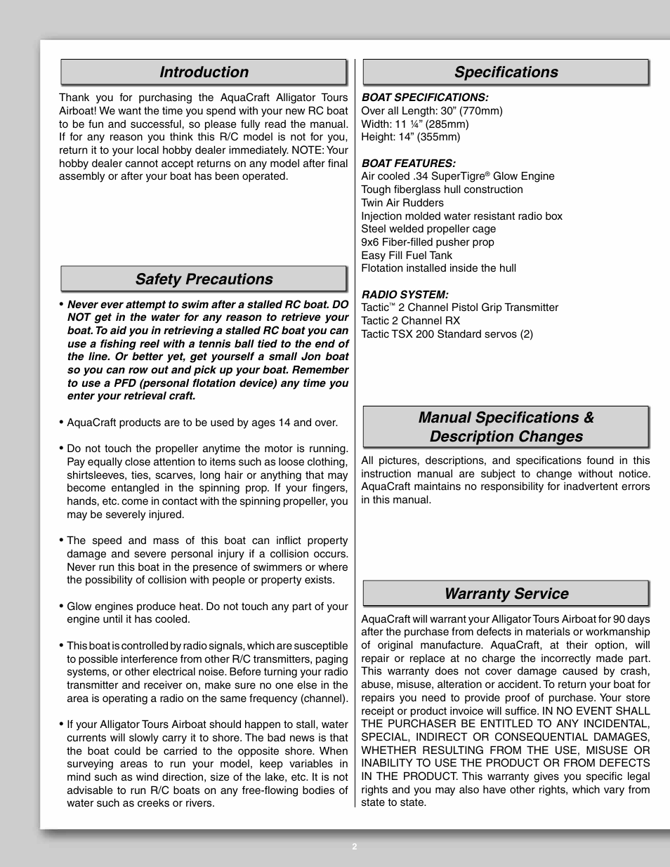Introduction, Safety precautions, Specifi cations | Manual specifi cations & description changes, Warranty service | AquaCraft Alligator Tours User Manual | Page 2 / 12