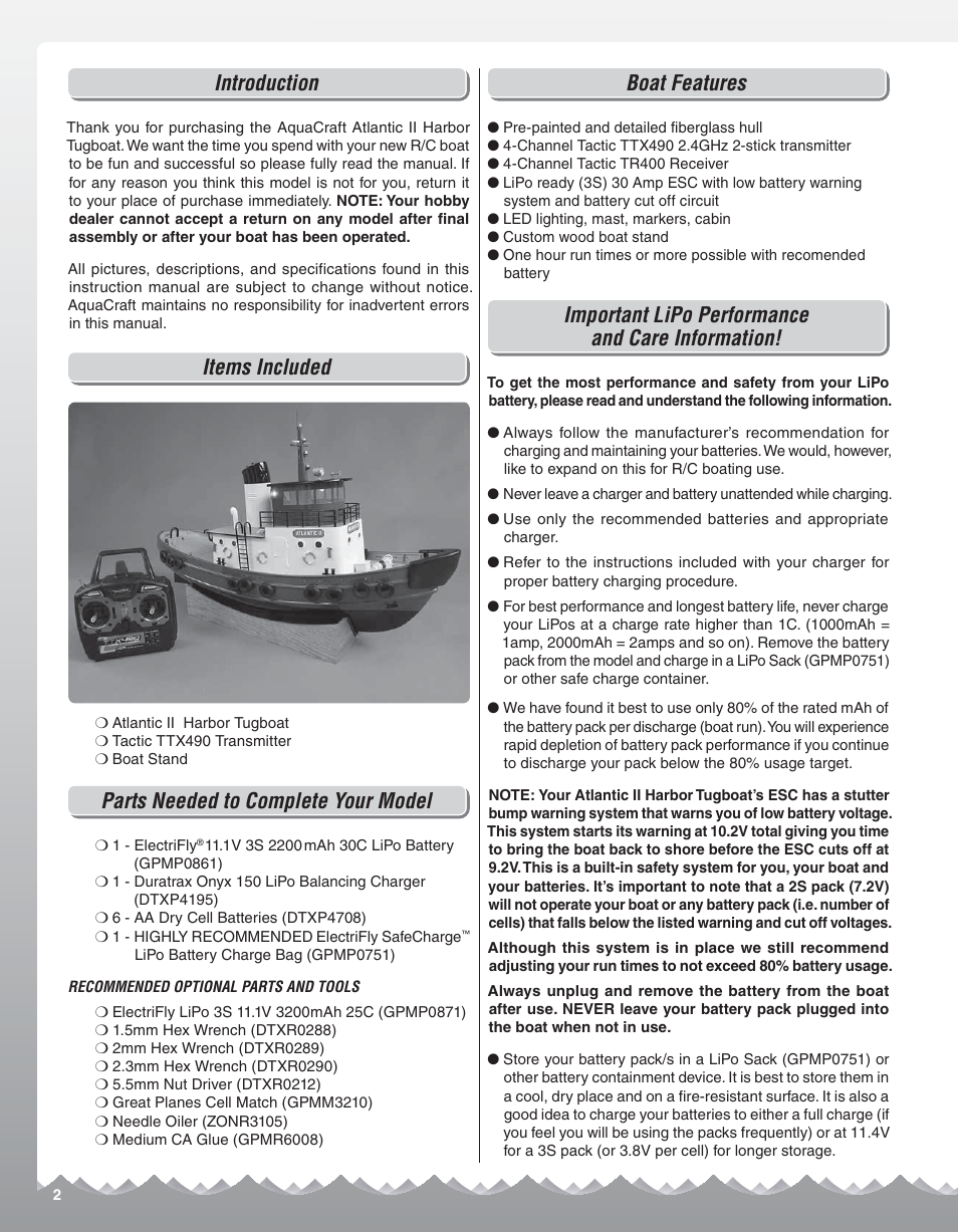 Introduction, Items included, Parts needed to complete your model | Boat features, Important lipo performance and care information | AquaCraft Atlantic II User Manual | Page 2 / 8