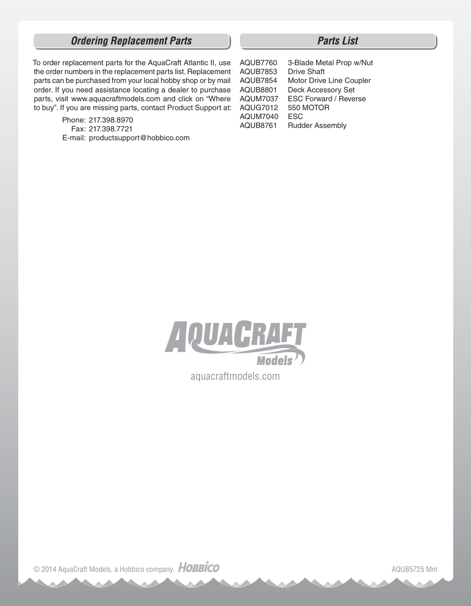 Ordering replacement parts, Parts list | AquaCraft Atlantic II User Manual | Page 8 / 8