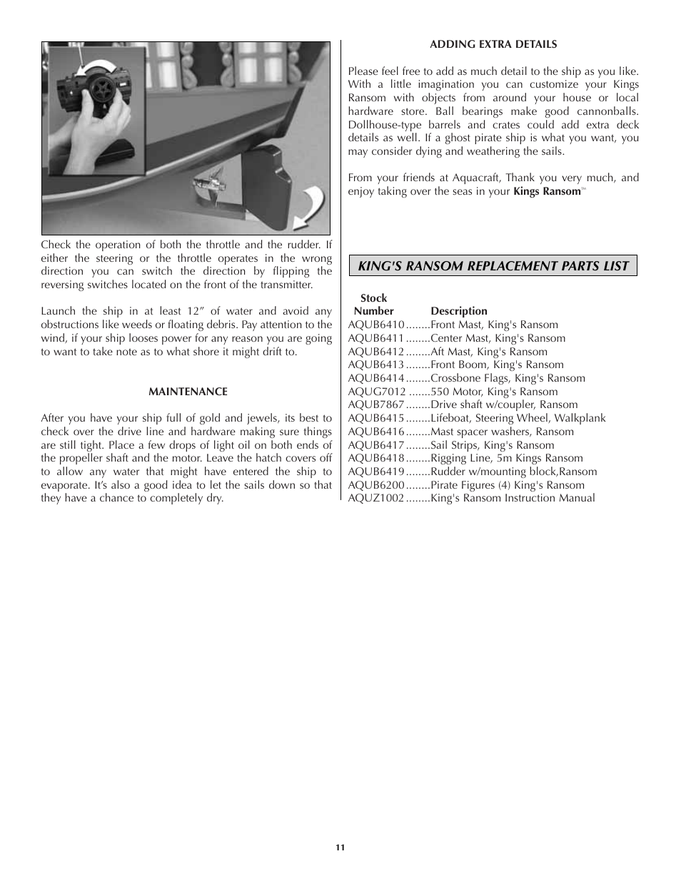 King's ransom replacement parts list | AquaCraft King's Ransom User Manual | Page 11 / 12