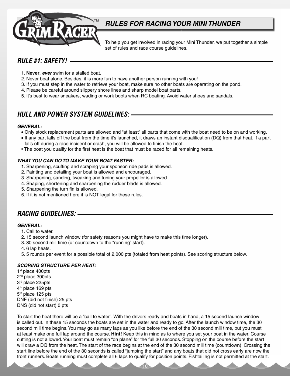 Rules for racing your mini thunder, Rule #1: safety, Hull and power system guidelines | Racing guidelines | AquaCraft Mini Thunder User Manual | Page 10 / 12