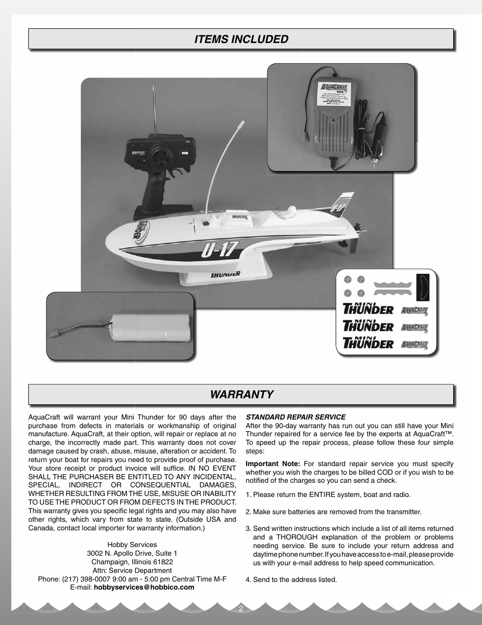 Items included warranty | AquaCraft Mini Thunder User Manual | Page 2 / 12