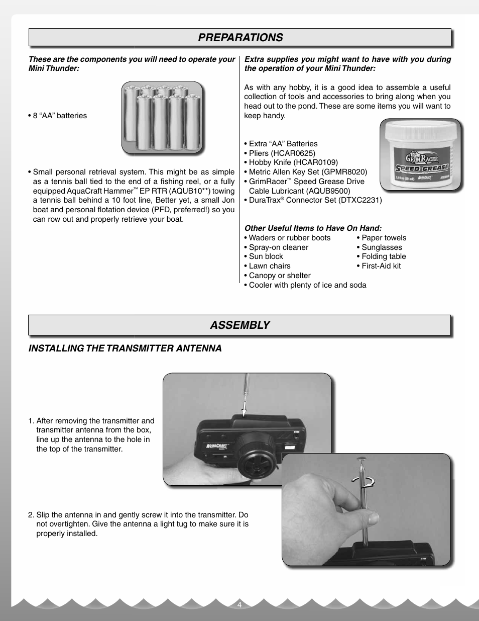 Assembly, Preparations | AquaCraft Mini Thunder User Manual | Page 4 / 12