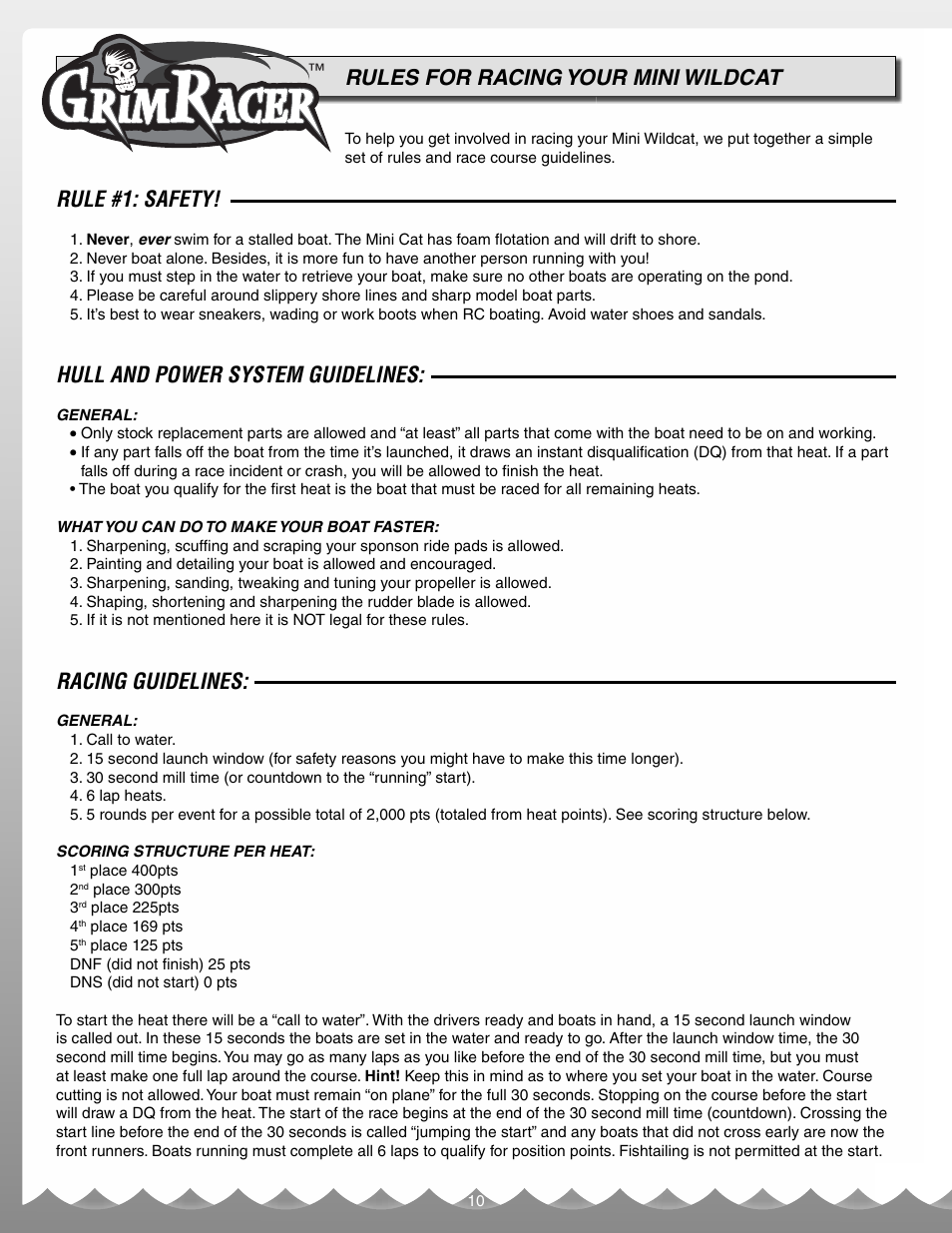 Rules for racing your mini wildcat, Rule #1: safety, Hull and power system guidelines | Racing guidelines | AquaCraft Mini Wildcat User Manual | Page 10 / 12