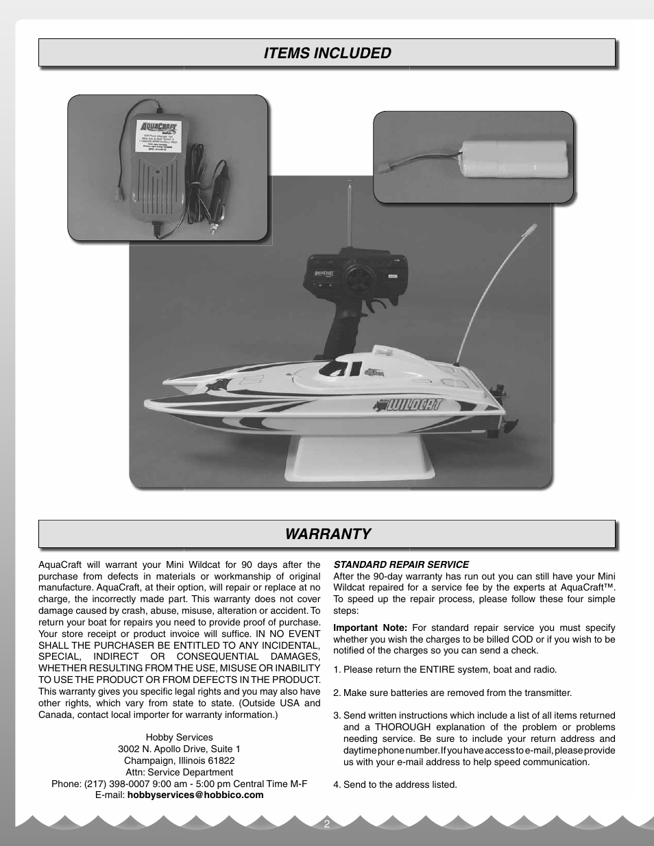 Items included warranty | AquaCraft Mini Wildcat User Manual | Page 2 / 12