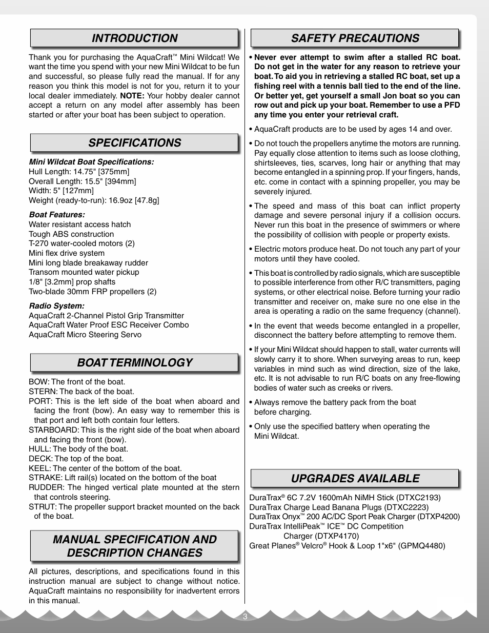 Introduction, Specifications, Boat terminology | Manual specification and description changes, Safety precautions, Upgrades available | AquaCraft Mini Wildcat User Manual | Page 3 / 12