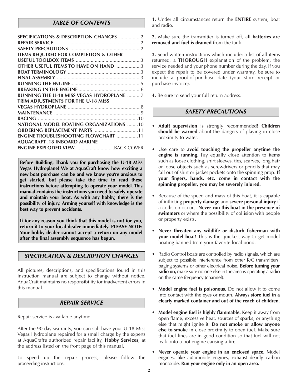 AquaCraft Miss Vegas User Manual | Page 2 / 12