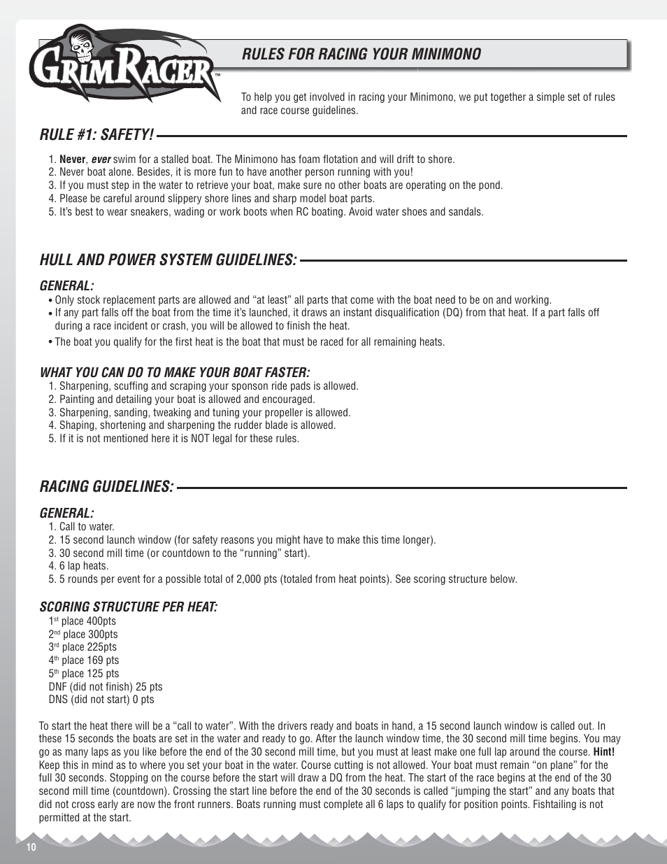 Rules for racing your minimono, Rule #1: safety, Hull and power system guidelines | Racing guidelines | AquaCraft Minimono User Manual | Page 10 / 12